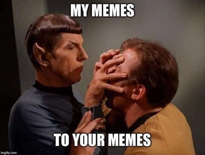 This meme is a still image from the Star Trek: The Next Generation episode "The Outcast," featuring a character named Lieutenant Commander Deanna Troi's ex-boyfriend, who is having his eyes manipulated by a Vulcan, who is using a Vulcan mind-meld to read his thoughts. The image shows the Vulcan, Mr. Spock, touching the character's forehead with his fingers. The text "My memes" appears above the image, and "To your memes" appears below it.
